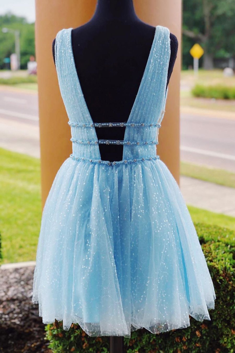 Shiny Beading Sky Blue Homecoming Dress with Sequins, Deep V Neck Graduation Dress N1927