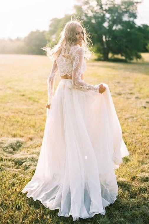 Romantic Two Piece Long Sleeves Wedding Dress with Lace, A Line Ivory Chiffon Bridal Dress N2398