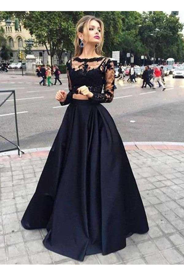 Two Pieces Long Sleeves Lace Top And Satin Prom Dress,Party Dresses N15