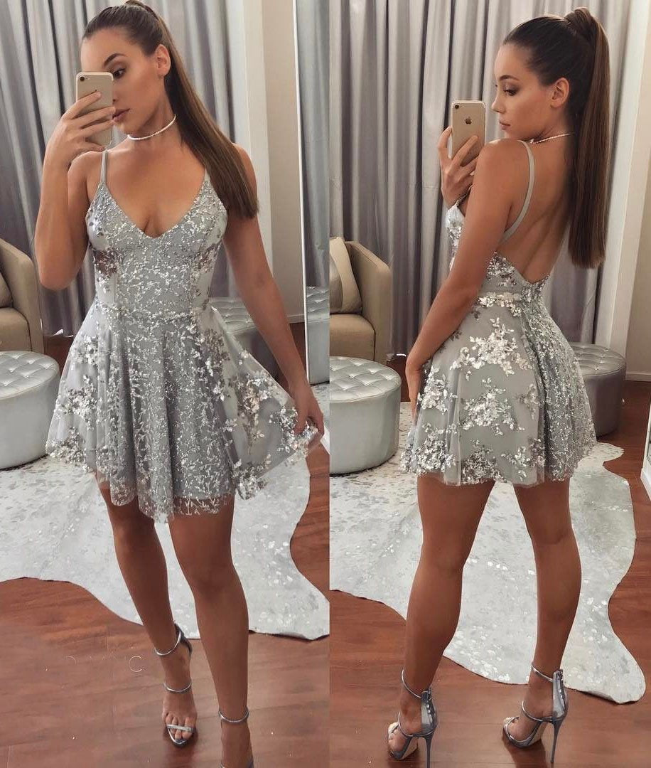 Silver Gray Spaghetti Strap V Neck Lace Homecoming Dresses, Mini Graduation Dresses N2180