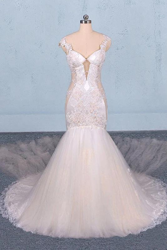 Gorgeous Mermaid Tulle Wedding Dress, Chapel Train Long Bridal Gown N2303