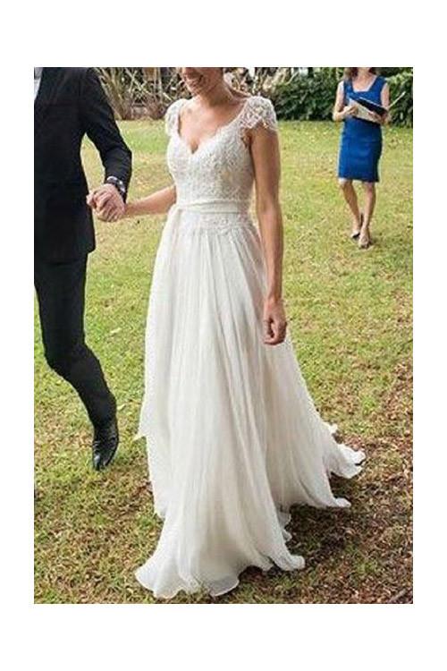 V-neck A-line Cap Sleeves Lace Ivory Chiffon Beach Wedding Dress,N09