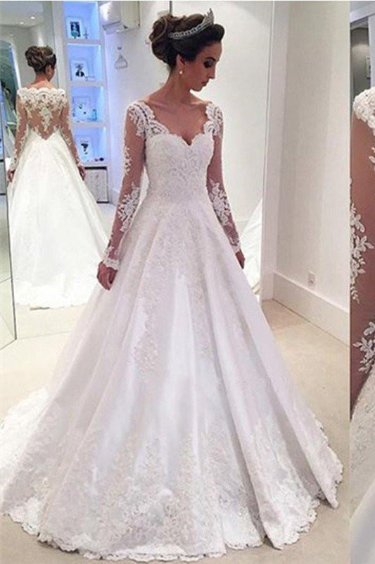 Elegant A-line V Neck Long Sleeves Wedding Dress With Appliques,N11