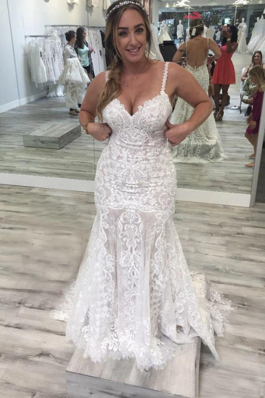 Spaghetti Straps Mermaid V Neck Backless Lace Wedding Dresses with Train N2504