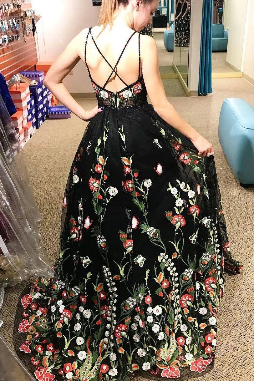 Beautiful Deep V Neck Sleeveless Black Long Prom Dress with Flowers, Unique Formal Dress N2063