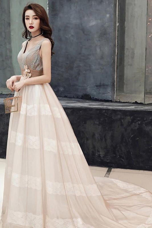 Unique V Neck Tulle Lace Long Prom Dress Tulle V Back Evening Dress with Train N2092