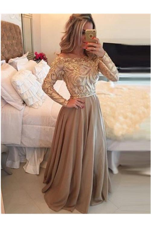 A-Line Sheer Neckline Long Prom Dresses,Floor Length Long Sleeves Evening Dress N04