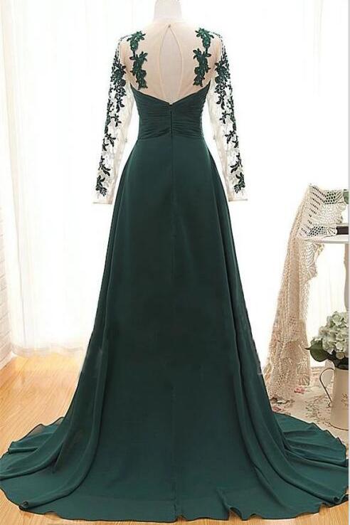 Dark Green Long Sleeves Long Evening Dress with Appliques, Long Prom Dress with Sleeves N1929