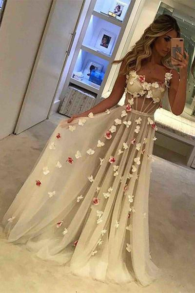 Unique Tulle Prom Gowns,Long Prom Dresses With Appliques,Long Formal Dress,Sexy Sleeveless Prom Dress,A-line Straps Prom Gowns,N116