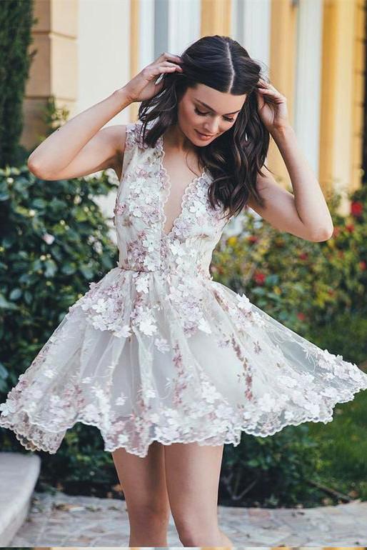 A-Line V-Neck Homecoming Dress,Appliqued Mini Dress,Sleeveless Short Tulle Homecoming Dress with Appliques,Cute Short Prom Dress,N136