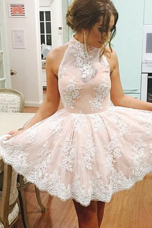 Elegant High Neck Homecoming Dress with White Lace,Sweet 16 Dress,Graduation Dress,N112