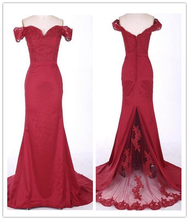 Mermaid Burgundy Off-the-Shoulder Chiffon Lace Prom/Evening Dress N02