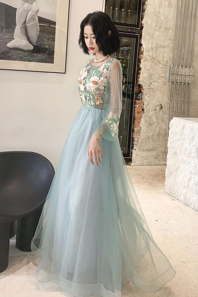 Elegant Long Sleeves Appliqued Tulle Prom Dress, Floor Length Appliques Evening Dress N2324