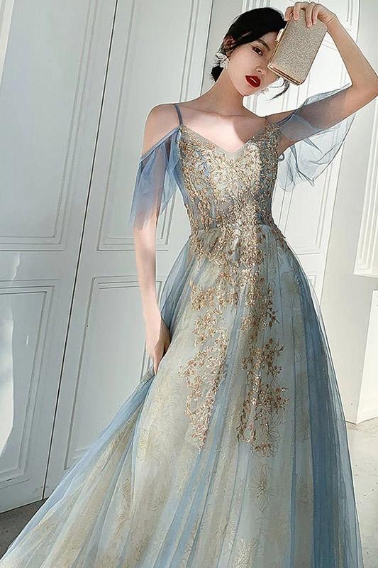 Unique V Neck Long Tulle Party Dress with Lace, Sexy Sleeveless Long Prom Gown N2103