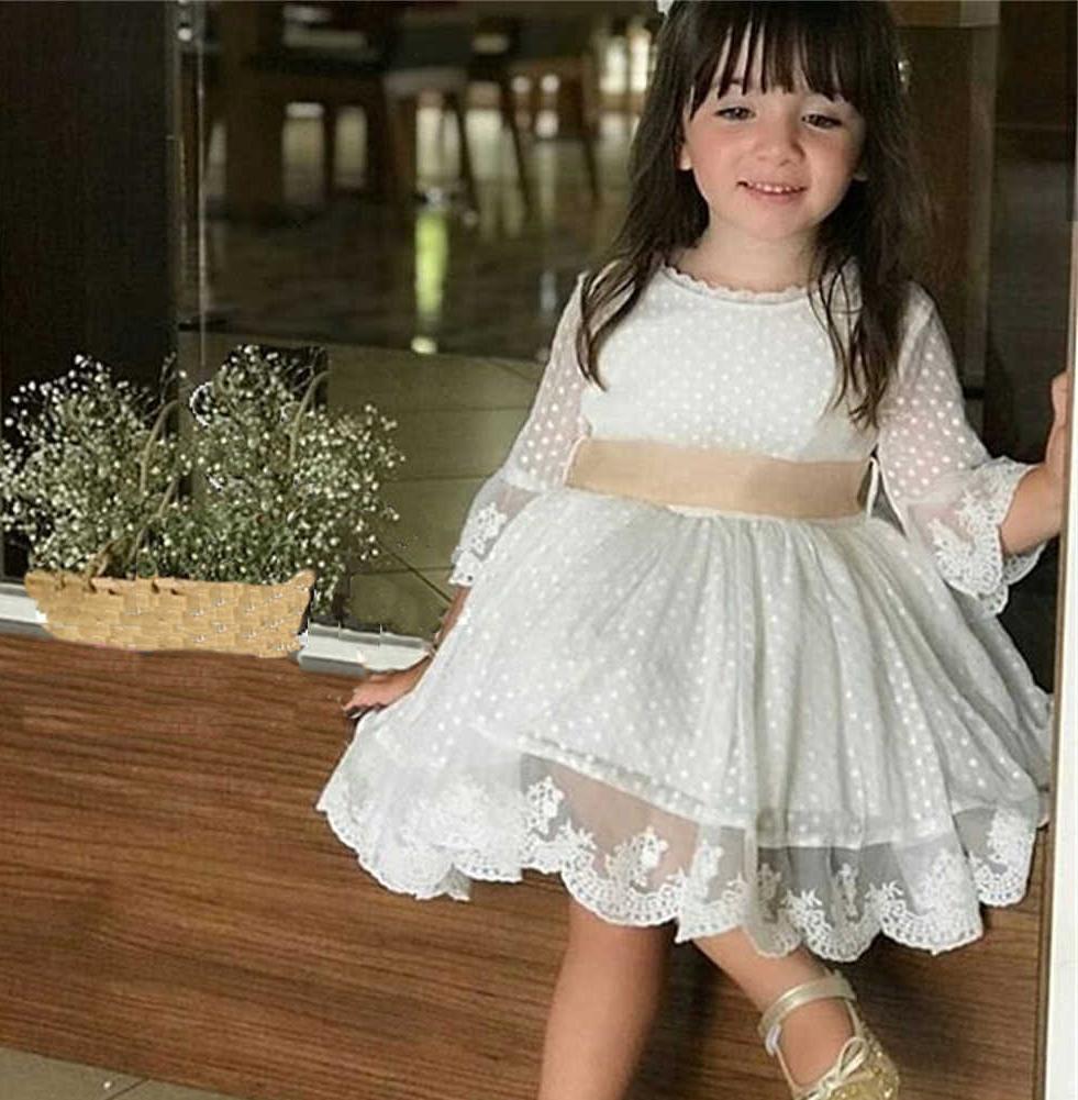 A Line 3/4 Sleeve Lace Flower Girl Dresses Above Knee Baby Dress with Sash F083