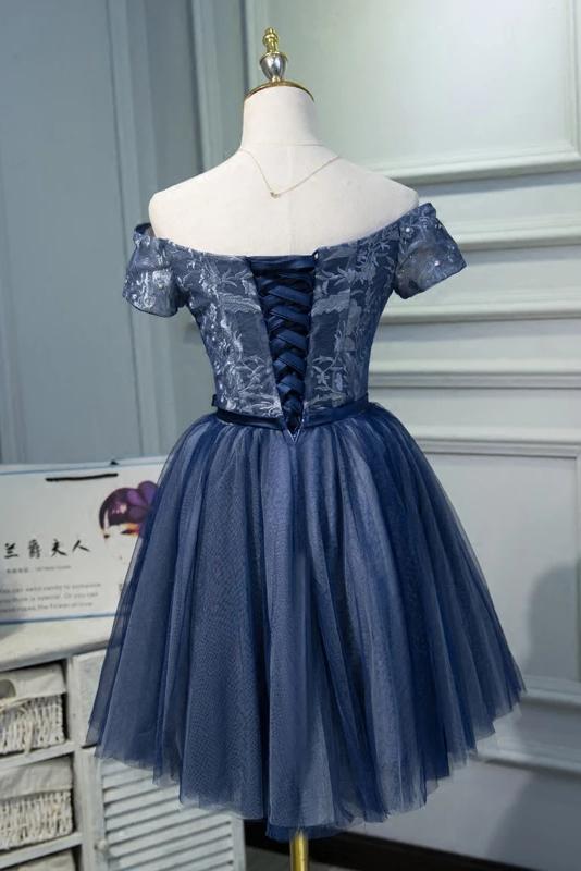 A Line Off the Shoulder Tulle Prom Dress with Belt, Cute Graduation Dress with Applique N1968