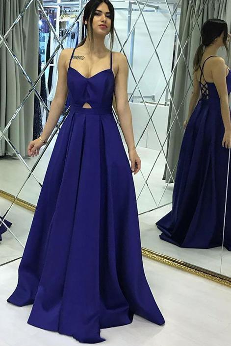 Simple A Line Spaghetti Straps Satin Long Prom Dresses Criss Cross Back N2479