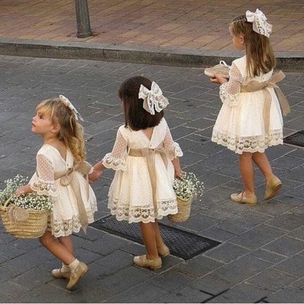 A Line 3/4 Sleeve Lace Flower Girl Dresses Above Knee Baby Dress with Sash F083