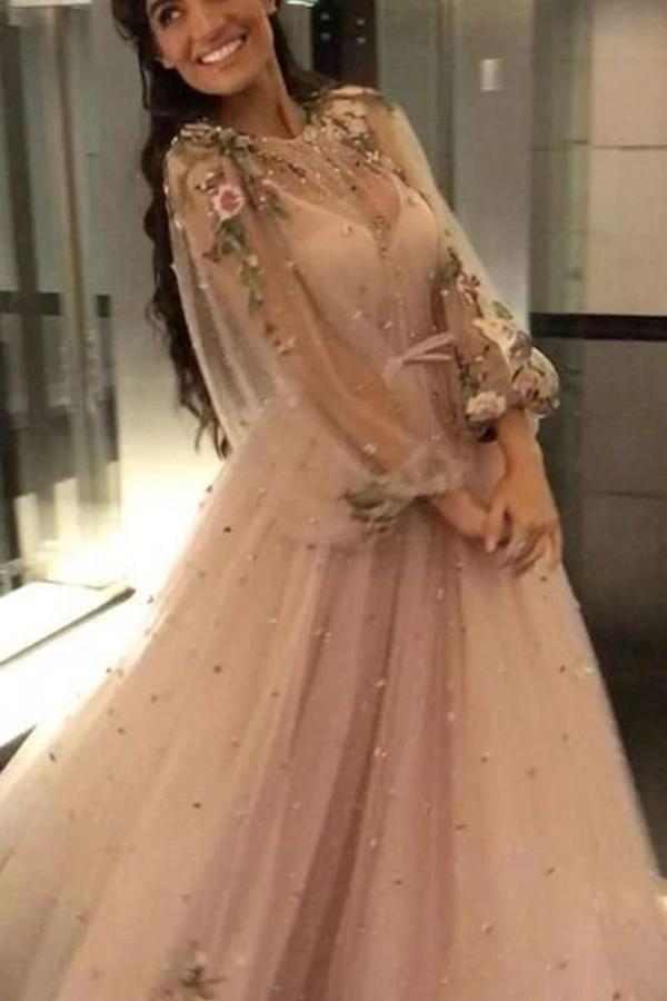 Unique Long Sleeves Tulle Prom Dress with Flowers, Charming Formal Dress with Flowers N2612