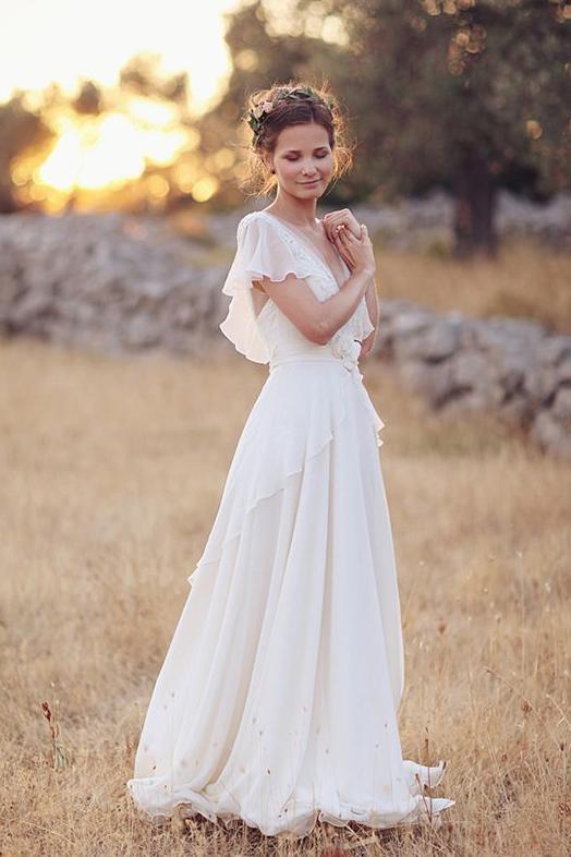 Ivory V Neck Chiffon Boho Wedding Dress, Unique Cap Sleeves Beach Wedding Dress with Ruffles N2505