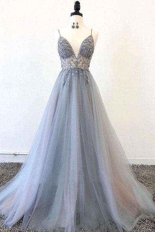 Spaghetti Straps V Neck Tulle Prom Dress with Appliques, A Line Long Formal Dress with Beads N2471