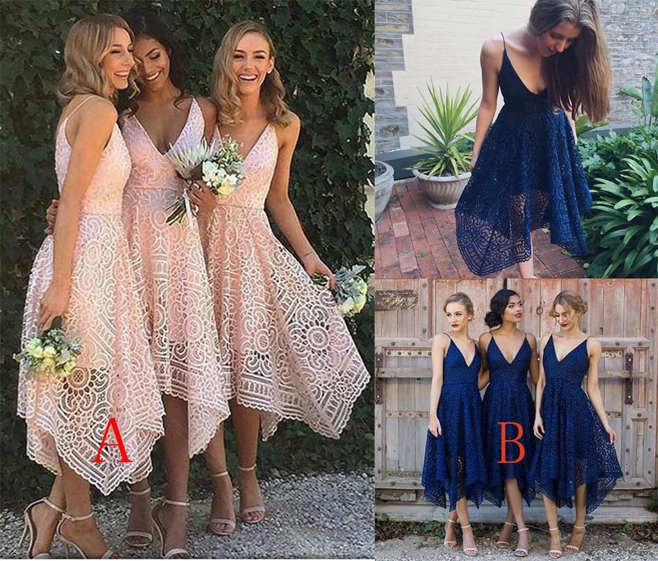 Pink V-neck Straps Tea Length Asymmetrical Lace Bridesmaid Dress,Midi Homecoming Dress,N153