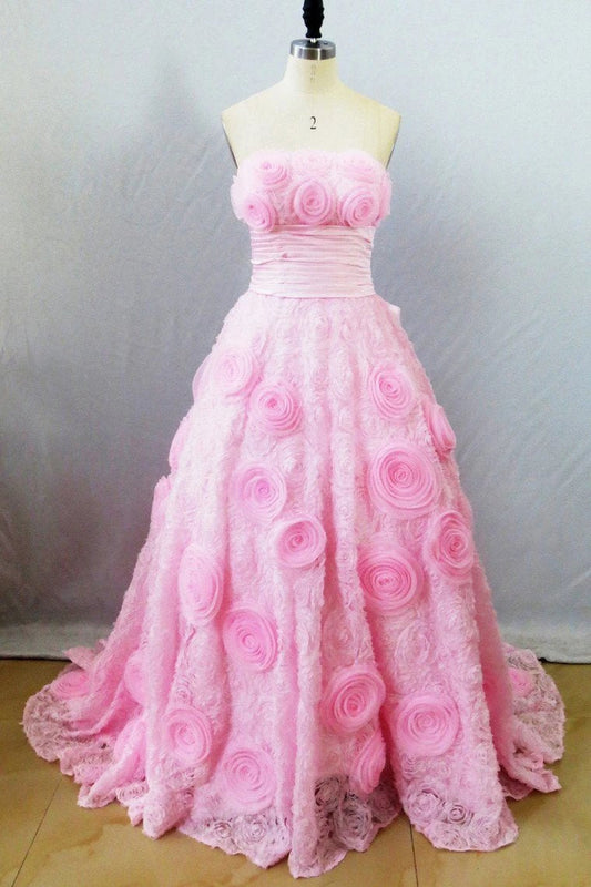 Strapless A Line Prom Dress with Flowers, Unique Pink Sweep Train Party Dresses N2615