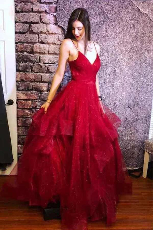 Red Spaghetti Straps V Neck Asymmetrical Prom Dress, Backless Sparkly Long Formal Dress N2613