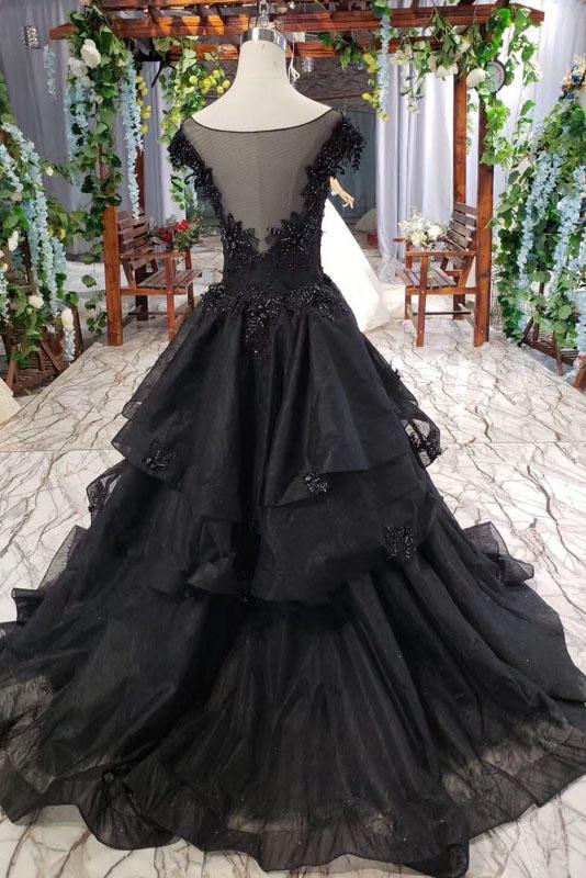 Puffy Cap Sleeves Black Long Prom Dress with Appliques, Charming Beading Formal Dress N2053