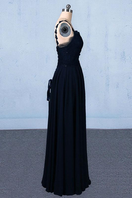 Dark Navy Blue Straps Floor Length Evening Dresses, Long Chiffon Prom Dress with Lace N2292