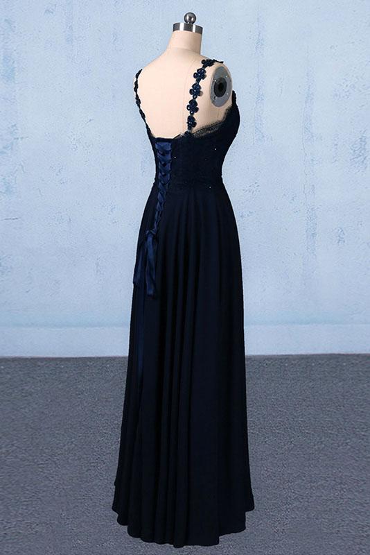 Dark Navy Blue Straps Floor Length Evening Dresses, Long Chiffon Prom Dress with Lace N2292