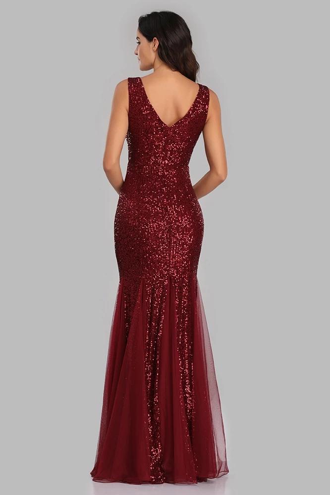 Sexy Burgundy Tulle V Neck Mermaid Sequin Floor Length Prom Dresses XU90813