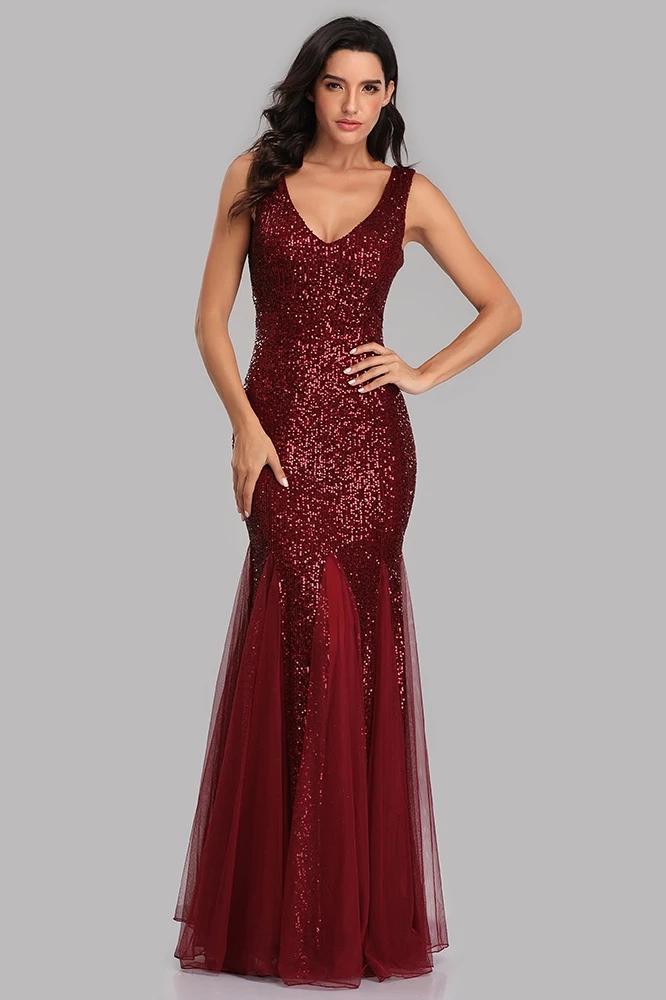 Sexy Burgundy Tulle V Neck Mermaid Sequin Floor Length Prom Dresses XU90813