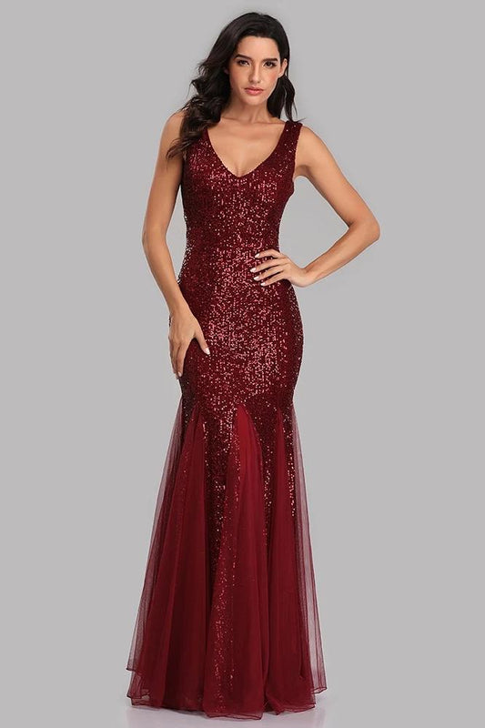 Sexy Burgundy Tulle V Neck Mermaid Sequin Floor Length Prom Dresses XU90813