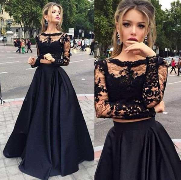 Two Pieces Long Sleeves Lace Top And Satin Prom Dress,Party Dresses N15