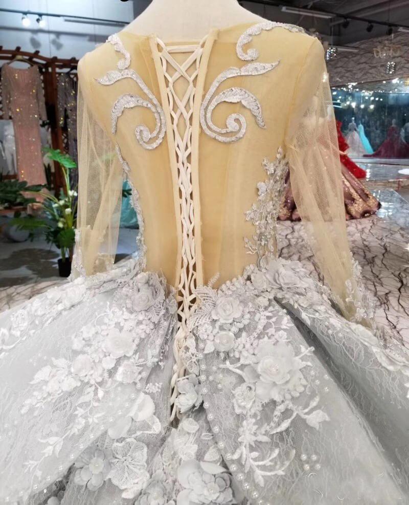 See Through Bodice Big Wedding Dresses with Flowers Long Sleeve Quinceanera Dress N1282