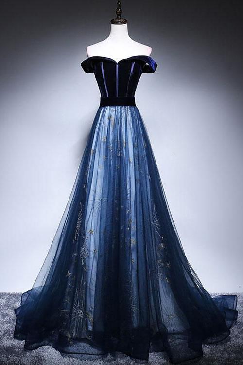 Dark Blue Velvet Tulle Long Prom Dress, Elegant Off the Shoulder Evening Dress with Sleeve N2608