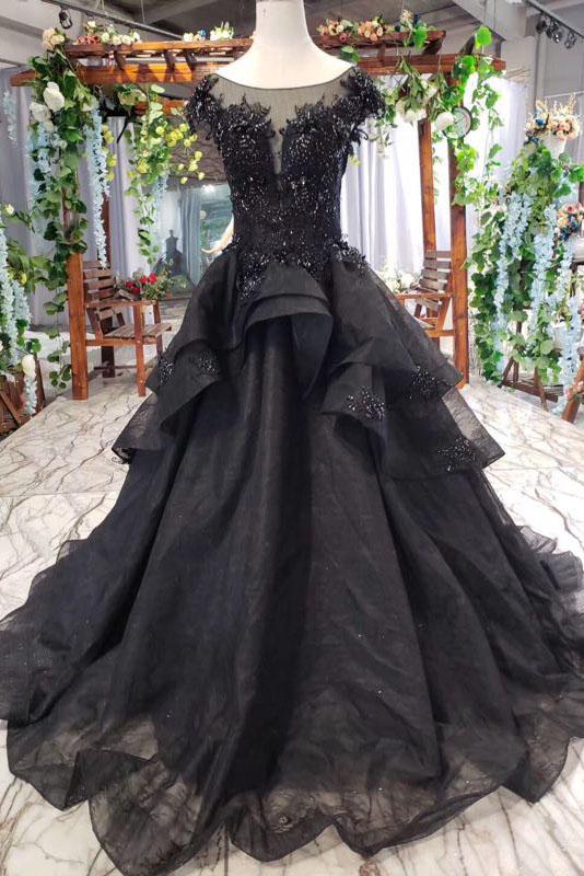 Puffy Cap Sleeves Black Long Prom Dress with Appliques, Charming Beading Formal Dress N2053