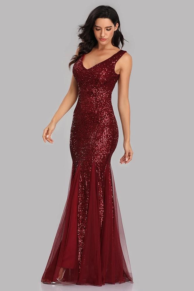 Sexy Burgundy Tulle V Neck Mermaid Sequin Floor Length Prom Dresses XU90813