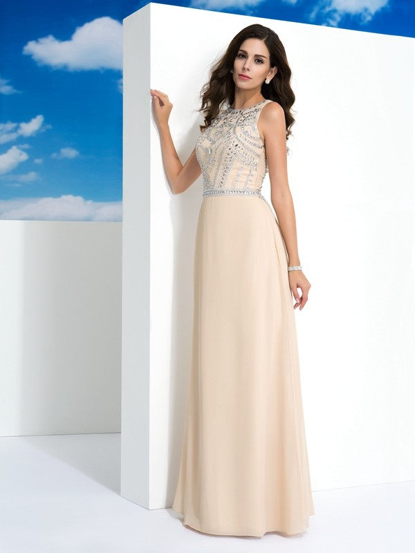 A-Line/Princess Scoop Beading Sleeveless Long Chiffon Dresses CICIP0009148