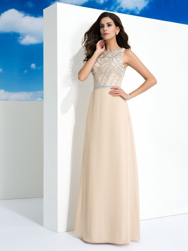 A-Line/Princess Scoop Beading Sleeveless Long Chiffon Dresses CICIP0009148