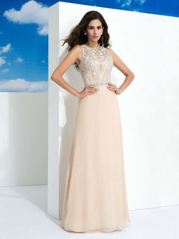 A-Line/Princess Scoop Beading Sleeveless Long Chiffon Dresses CICIP0009148