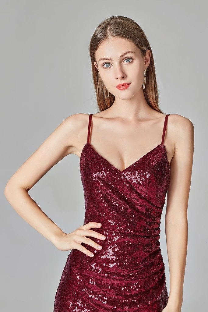 Spaghetti Straps Burgundy Prom Dresses Mermaid Sequins Party Dress, Dance Dresses XU90811