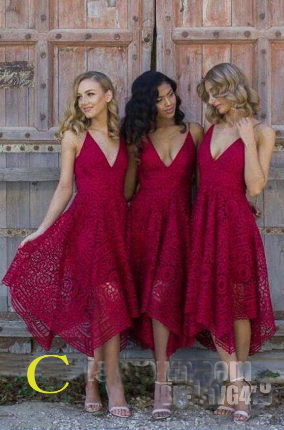 Pink V-neck Straps Tea Length Asymmetrical Lace Bridesmaid Dress,Midi Homecoming Dress,N153