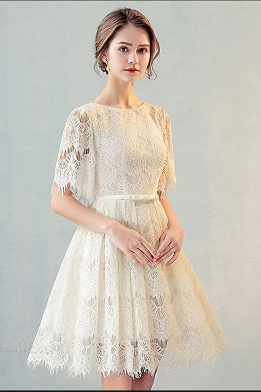 A Line Half Sleeves Lace Homecoming Dress, Cute Lace Sweet 16 Dress with Belt N1948