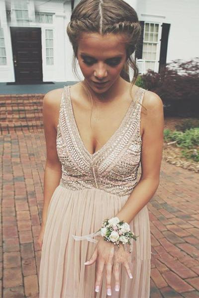 Classic V-Neck Floor Length Beading Prom Dresses Evening Dresses S04