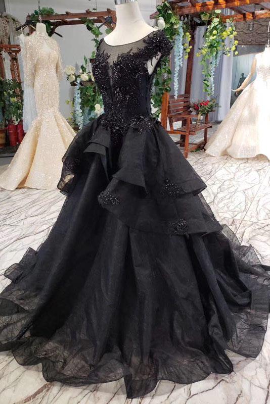 Puffy Cap Sleeves Black Long Prom Dress with Appliques, Charming Beading Formal Dress N2053