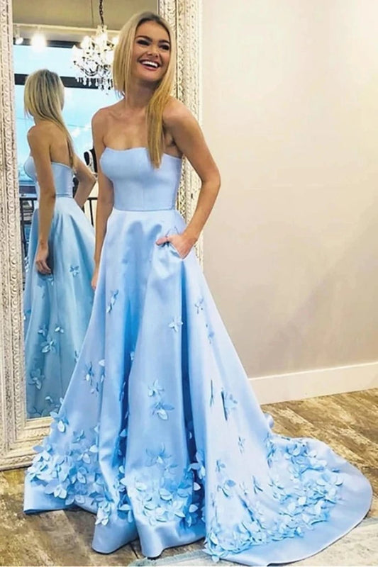 Sky Blue Strapless Satin Prom Dress with Flowers, Elegant Party Dress with Pockets N2610