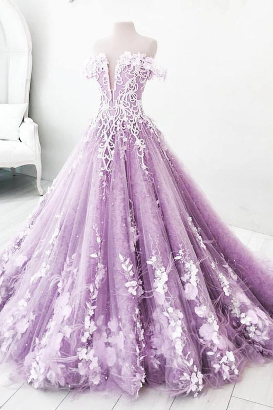 Lilac Off the Shoulder Gorgeous Long Prom Dress, Charming Formal Dress with Flowers N2539