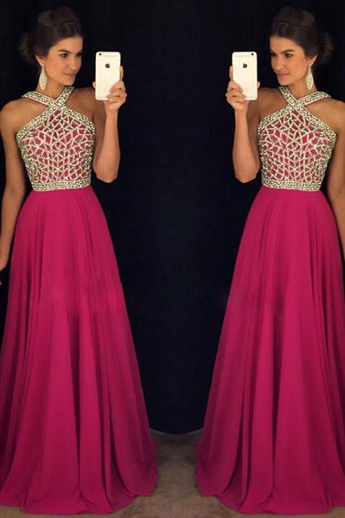 Rose Red Beaded Long Prom Dress for Teens,A line Chiffon Formal Dress N32